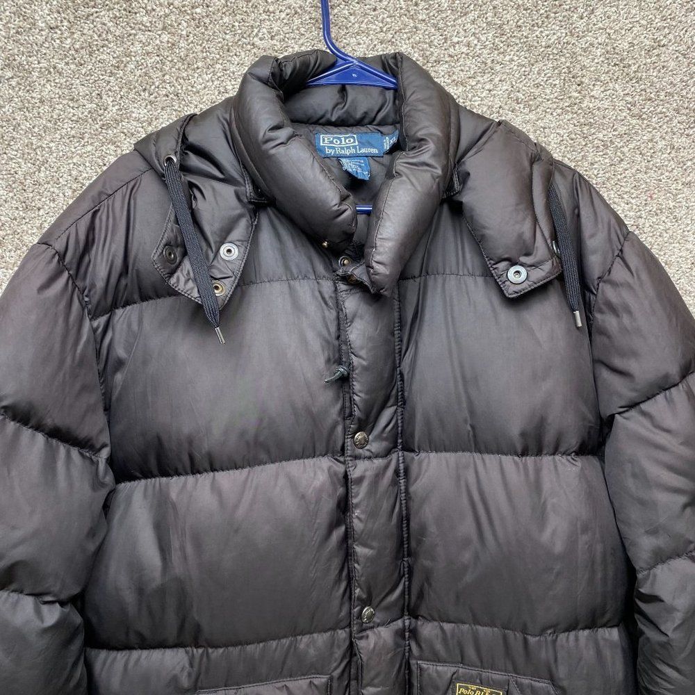 Ralph Lauren Polo Down Puffer Winter Jacket Mens XL Black Full Zip Snap Hood - Picture 3 of 11